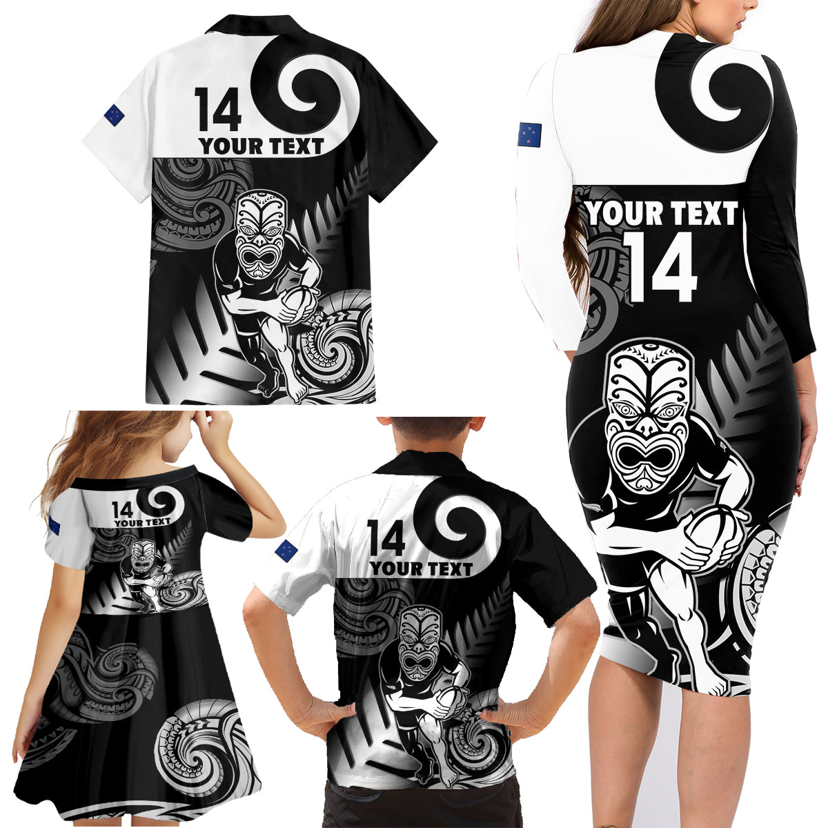 Custom New Zealand Silver Fern Rugby Family Matching Long Sleeve Bodycon Dress and Hawaiian Shirt Go Champions NZ All Black Maori Koru LT14 - Polynesian Pride