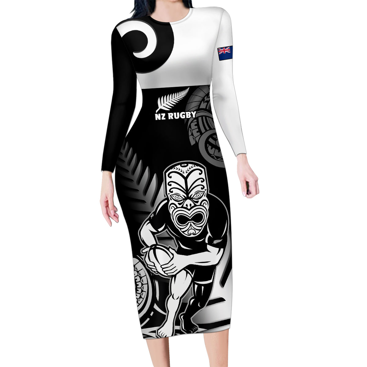 Custom New Zealand Silver Fern Rugby Family Matching Long Sleeve Bodycon Dress and Hawaiian Shirt Go Champions NZ All Black Maori Koru LT14 Mom's Dress Black - Polynesian Pride