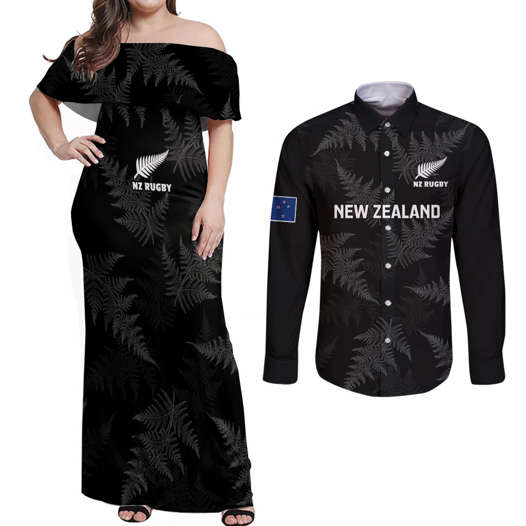 New Zealand Silver Fern Rugby Couples Matching Off Shoulder Maxi Dress and Long Sleeve Button Shirts 2023 Go Aotearoa Champions World Cup LT14 Black - Polynesian Pride