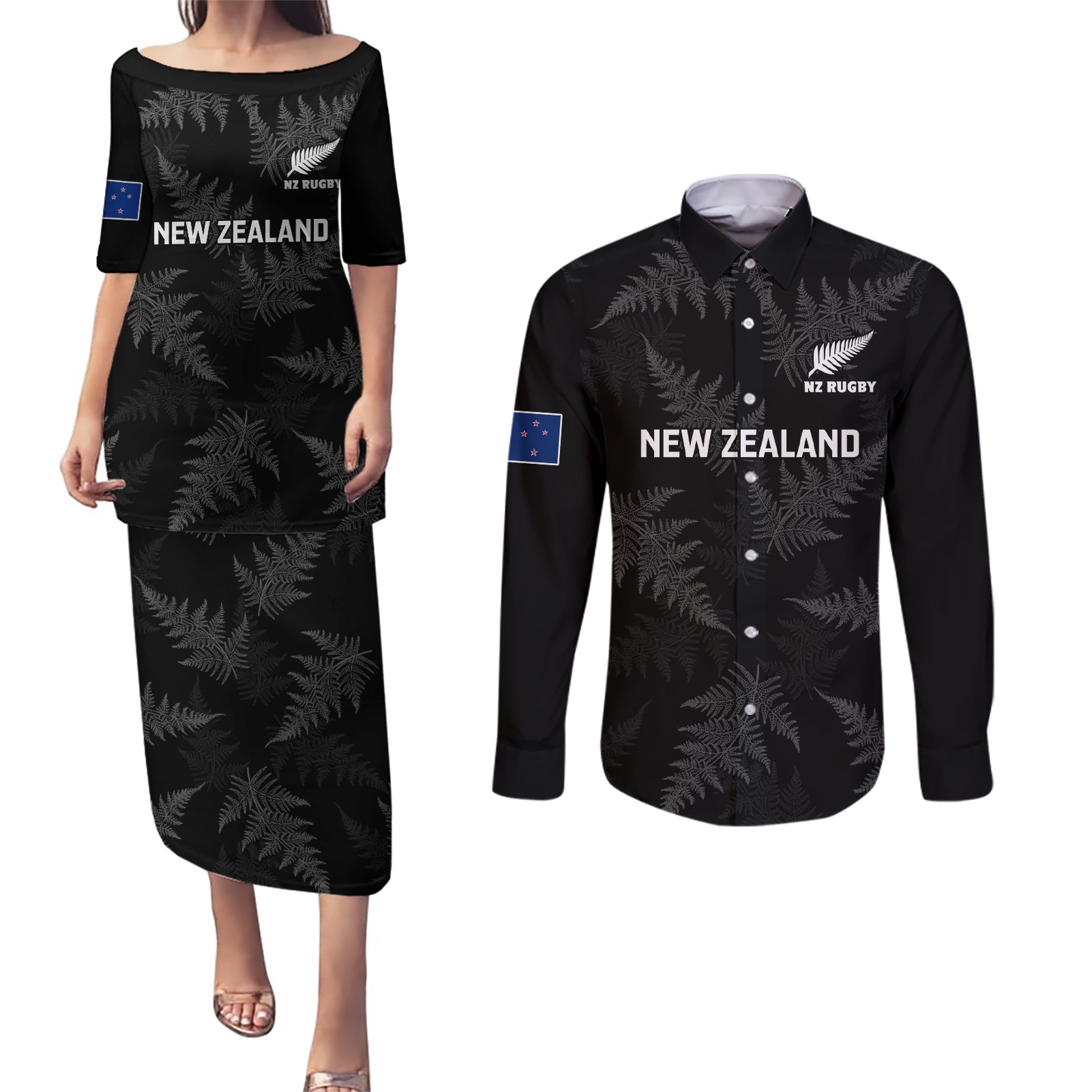 New Zealand Silver Fern Rugby Couples Matching Puletasi Dress and Long Sleeve Button Shirts 2023 Go Aotearoa Champions World Cup LT14 Black - Polynesian Pride