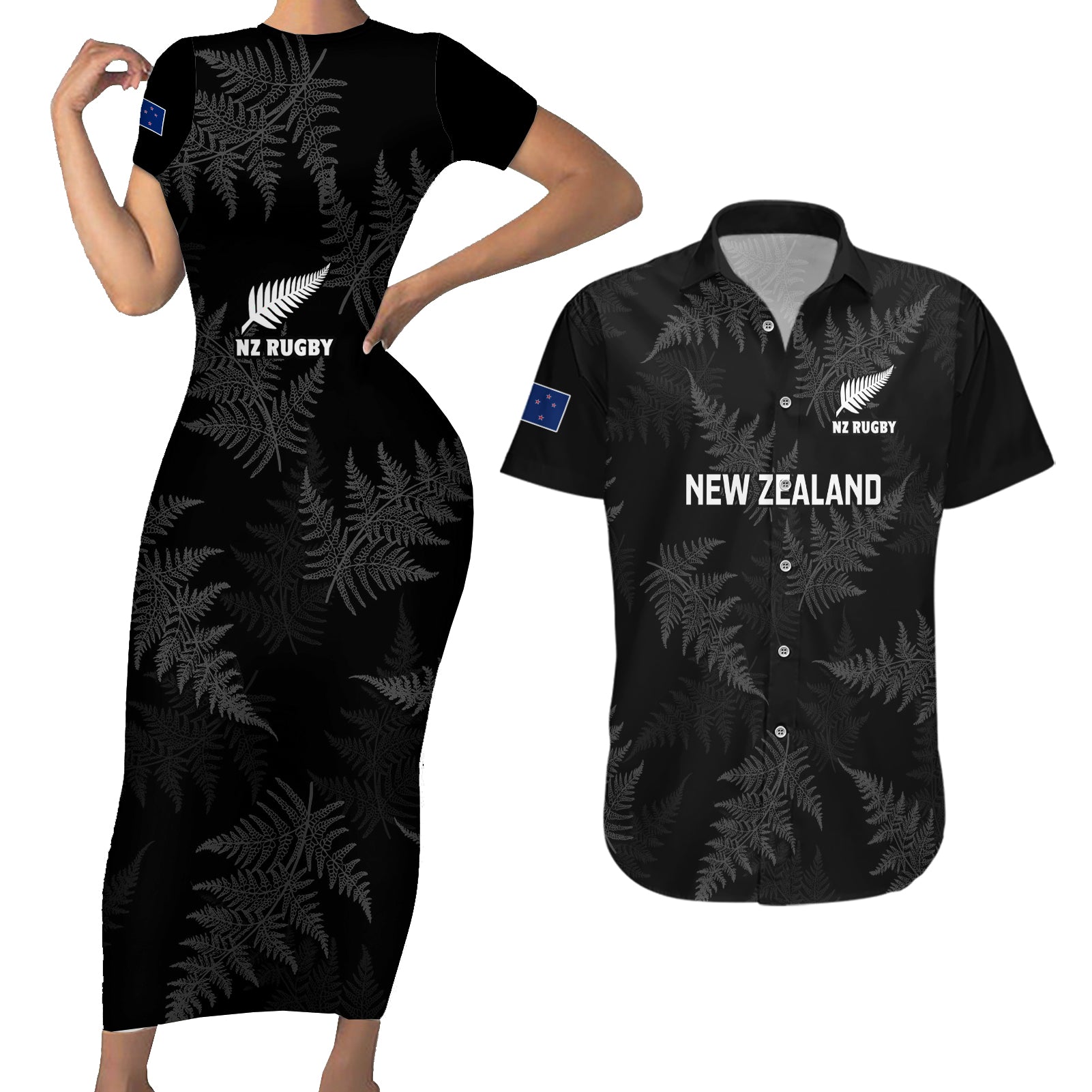 New Zealand Silver Fern Rugby Couples Matching Short Sleeve Bodycon Dress and Hawaiian Shirt 2023 Go Aotearoa Champions World Cup LT14 Black - Polynesian Pride