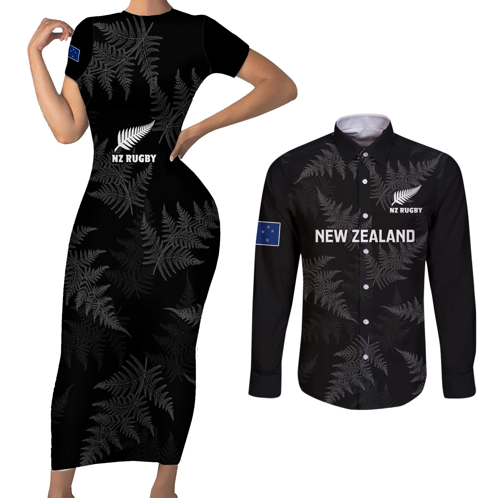 New Zealand Silver Fern Rugby Couples Matching Short Sleeve Bodycon Dress and Long Sleeve Button Shirts 2023 Go Aotearoa Champions World Cup LT14 Black - Polynesian Pride