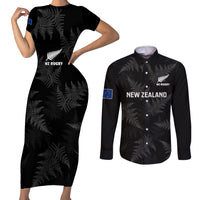 New Zealand Silver Fern Rugby Couples Matching Short Sleeve Bodycon Dress and Long Sleeve Button Shirts 2023 Go Aotearoa Champions World Cup LT14 Black - Polynesian Pride
