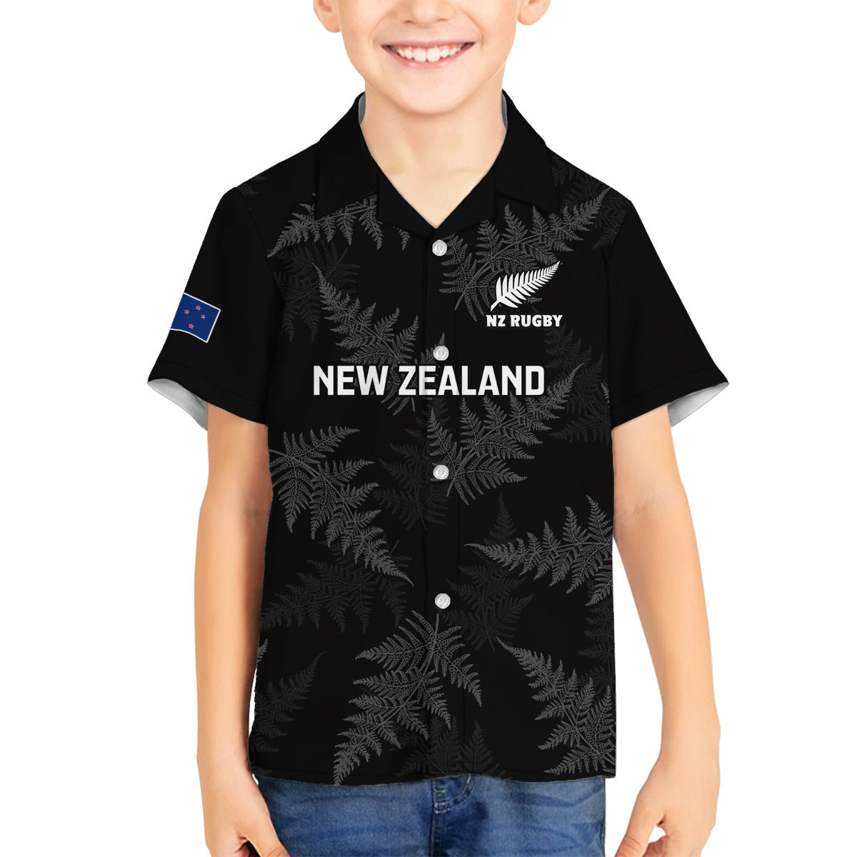 New Zealand Silver Fern Rugby Family Matching Off Shoulder Long Sleeve Dress and Hawaiian Shirt 2023 Go Aotearoa Champions World Cup LT14 Son's Shirt Black - Polynesian Pride