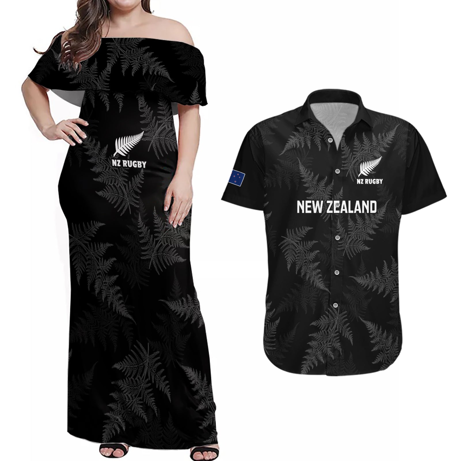 Custom New Zealand Silver Fern Rugby Couples Matching Off Shoulder Maxi Dress and Hawaiian Shirt 2023 Go Aotearoa Champions World Cup LT14 Black - Polynesian Pride