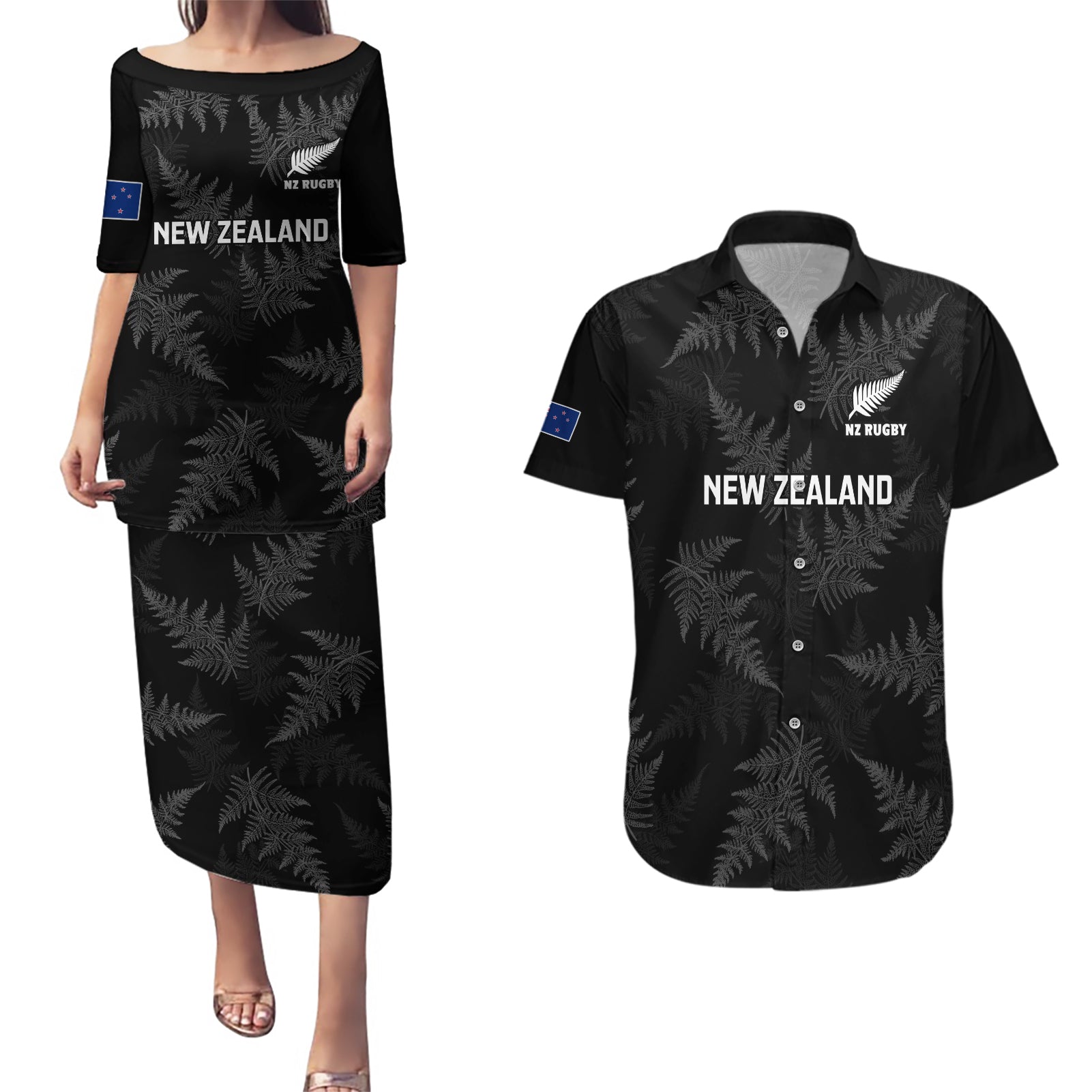Custom New Zealand Silver Fern Rugby Couples Matching Puletasi Dress and Hawaiian Shirt 2023 Go Aotearoa Champions World Cup LT14 Black - Polynesian Pride