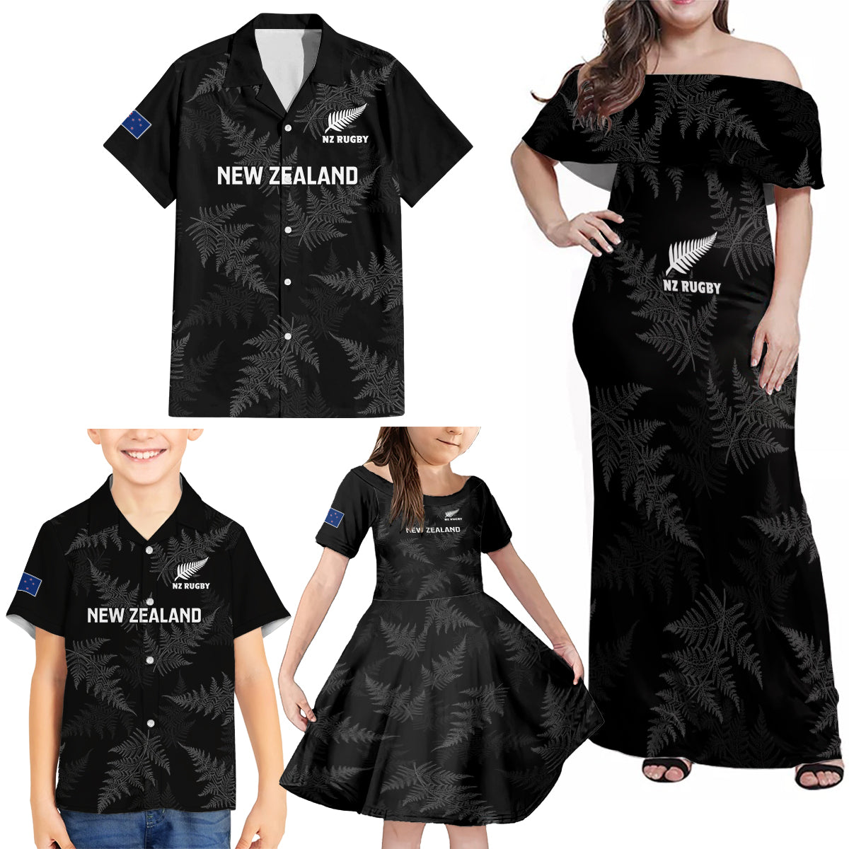 Custom New Zealand Silver Fern Rugby Family Matching Off Shoulder Maxi Dress and Hawaiian Shirt 2023 Go Aotearoa Champions World Cup LT14 - Polynesian Pride