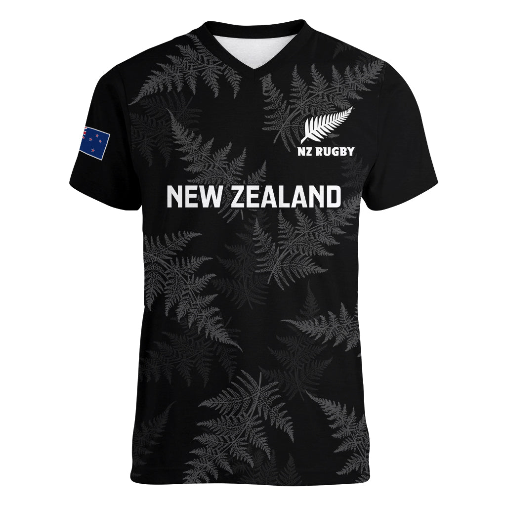 Custom New Zealand Silver Fern Rugby Women V Neck T Shirt 2023 Go Aotearoa Champions World Cup LT14 Female Black - Polynesian Pride