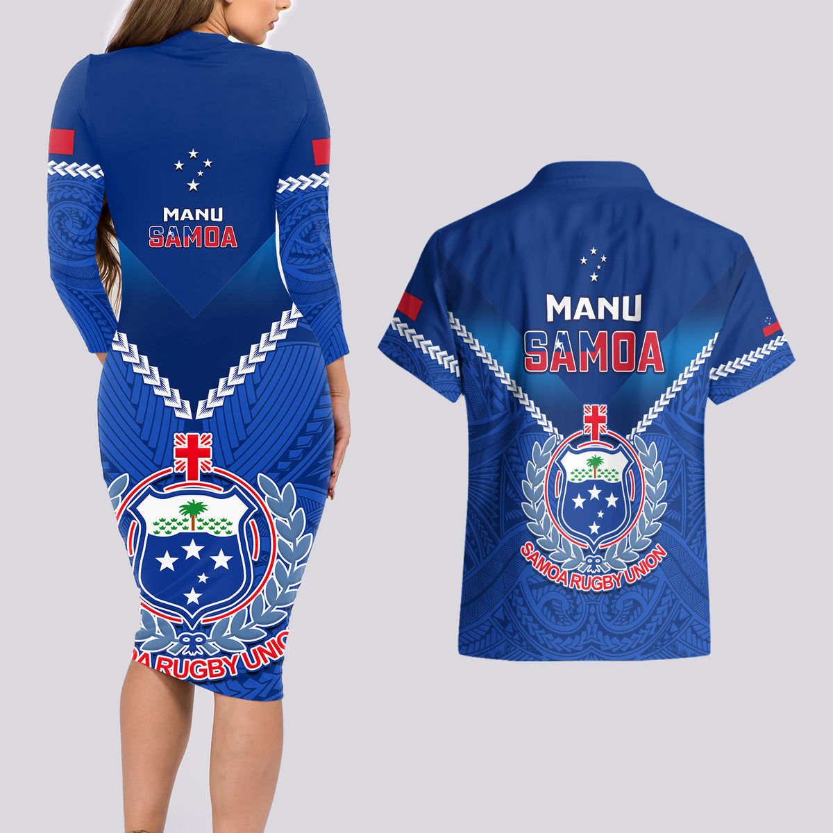 Samoa Rugby Couples Matching Long Sleeve Bodycon Dress and Hawaiian Shirt 2023 Go Manu Samoa LT14 - Polynesian Pride