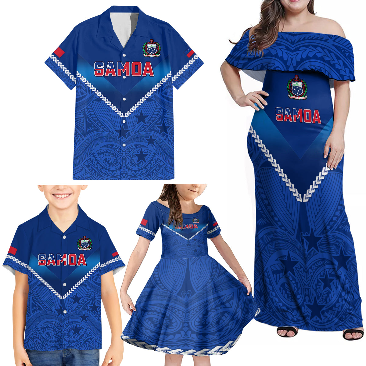 Samoa Rugby Family Matching Off Shoulder Maxi Dress and Hawaiian Shirt 2023 Go Manu Samoa LT14 - Polynesian Pride