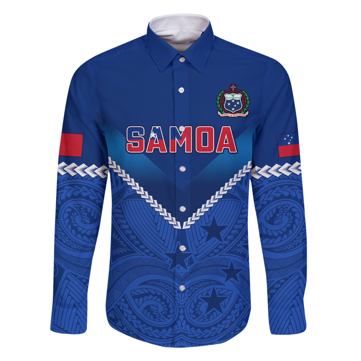 Samoa Rugby Family Matching Off Shoulder Maxi Dress and Hawaiian Shirt 2023 Go Manu Samoa LT14 Dad's Shirt - Long Sleeve Blue - Polynesian Pride
