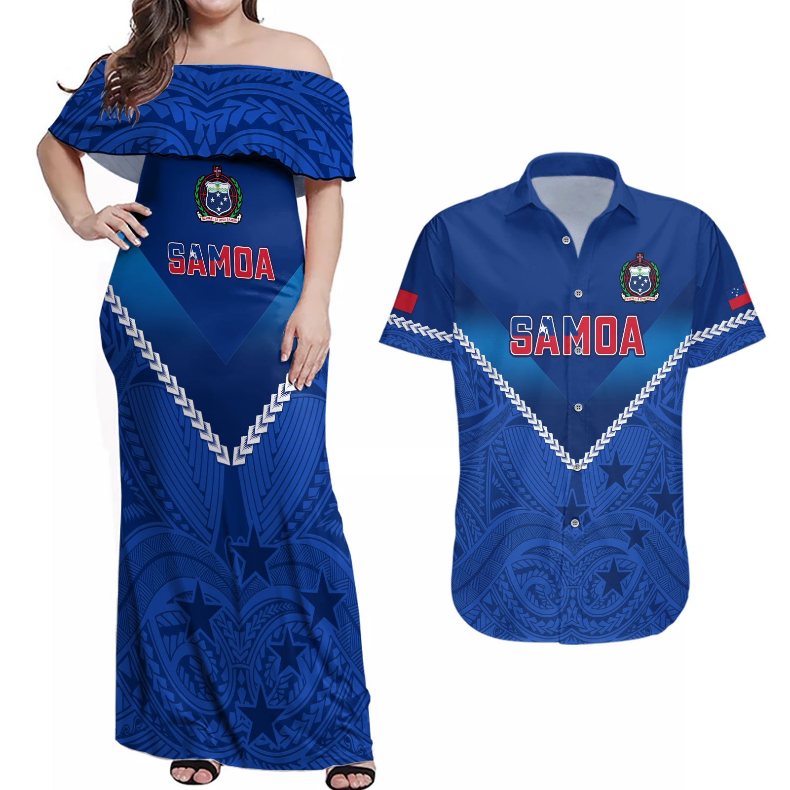 Custom Samoa Rugby Couples Matching Off Shoulder Maxi Dress and Hawaiian Shirt 2023 Go Manu Samoa LT14 Blue - Polynesian Pride