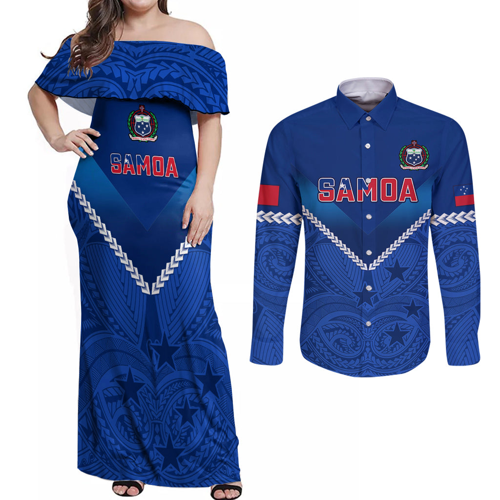 Custom Samoa Rugby Couples Matching Off Shoulder Maxi Dress and Long Sleeve Button Shirts 2023 Go Manu Samoa LT14 Blue - Polynesian Pride