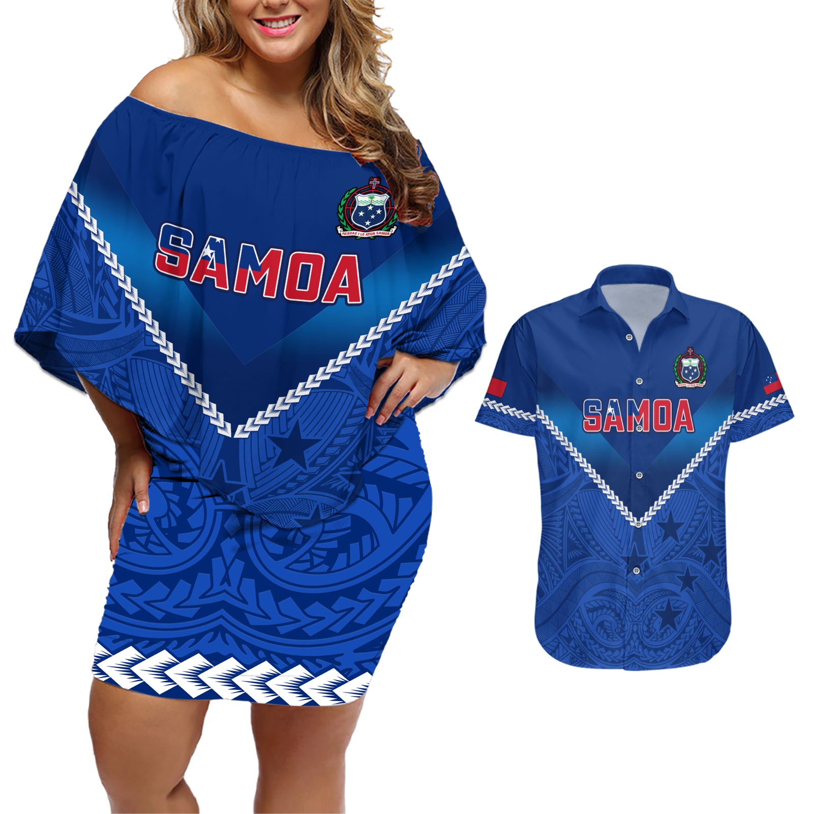 Custom Samoa Rugby Couples Matching Off Shoulder Short Dress and Hawaiian Shirt 2023 Go Manu Samoa LT14 Blue - Polynesian Pride