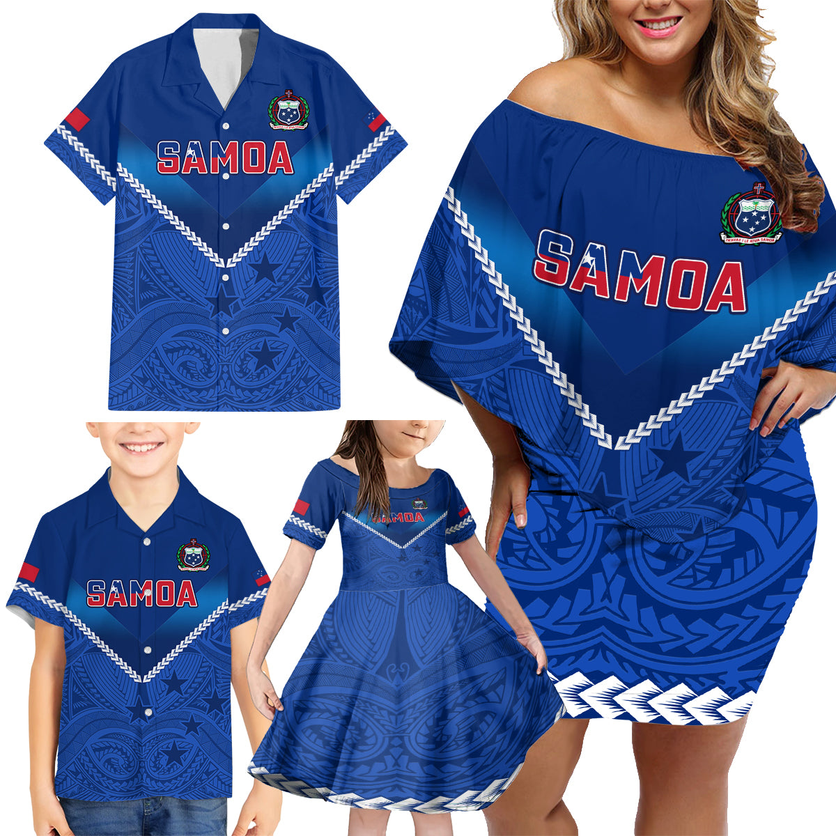 Custom Samoa Rugby Family Matching Off Shoulder Short Dress and Hawaiian Shirt 2023 Go Manu Samoa LT14 - Polynesian Pride