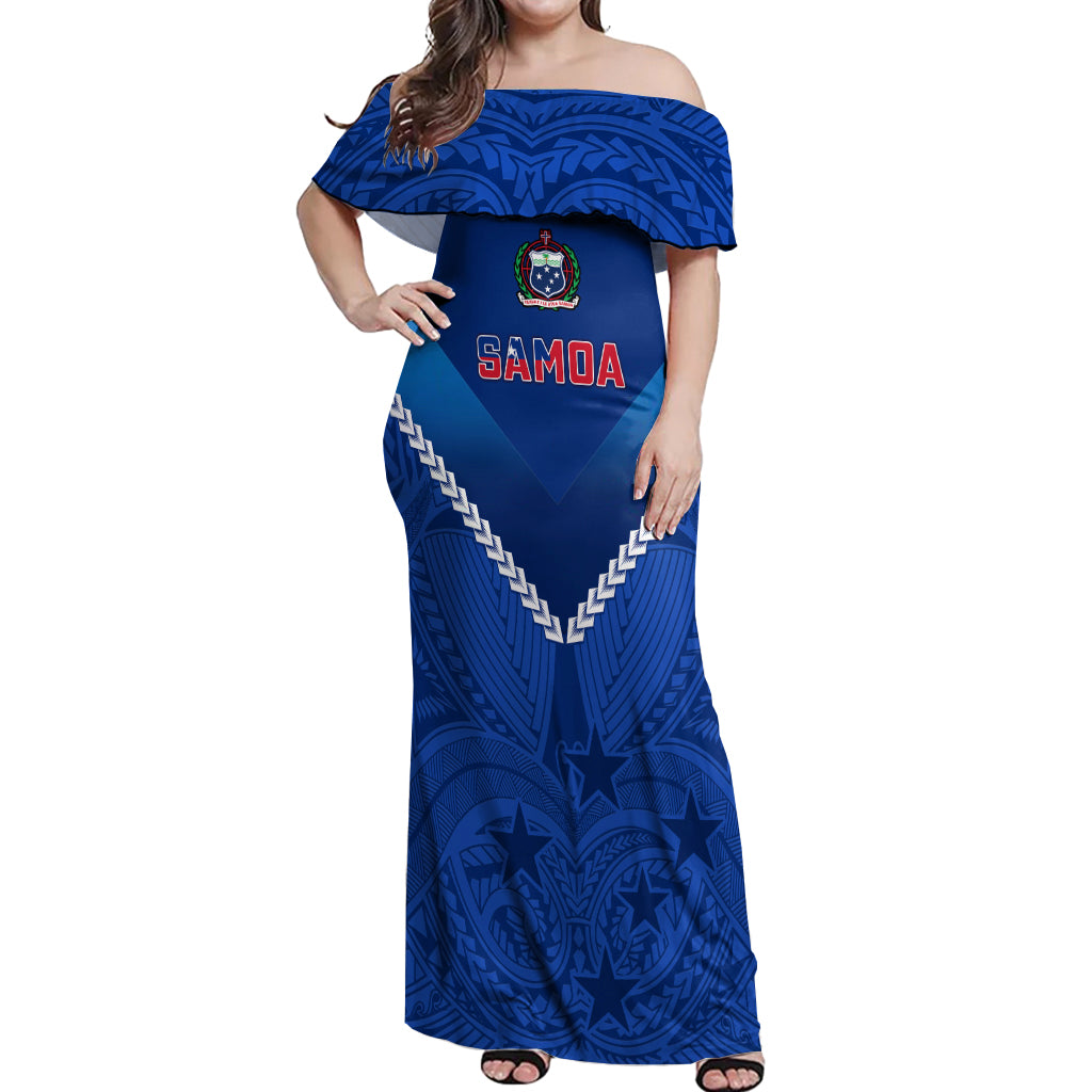 Custom Samoa Rugby Off Shoulder Maxi Dress 2023 Go Manu Samoa LT14 Women Blue - Polynesian Pride