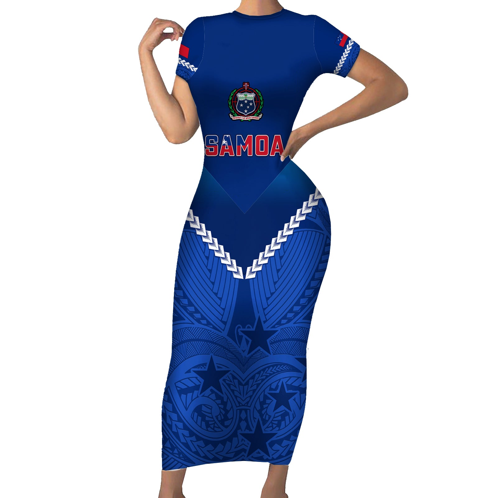 Custom Samoa Rugby Short Sleeve Bodycon Dress 2023 Go Manu Samoa LT14 Long Dress Blue - Polynesian Pride