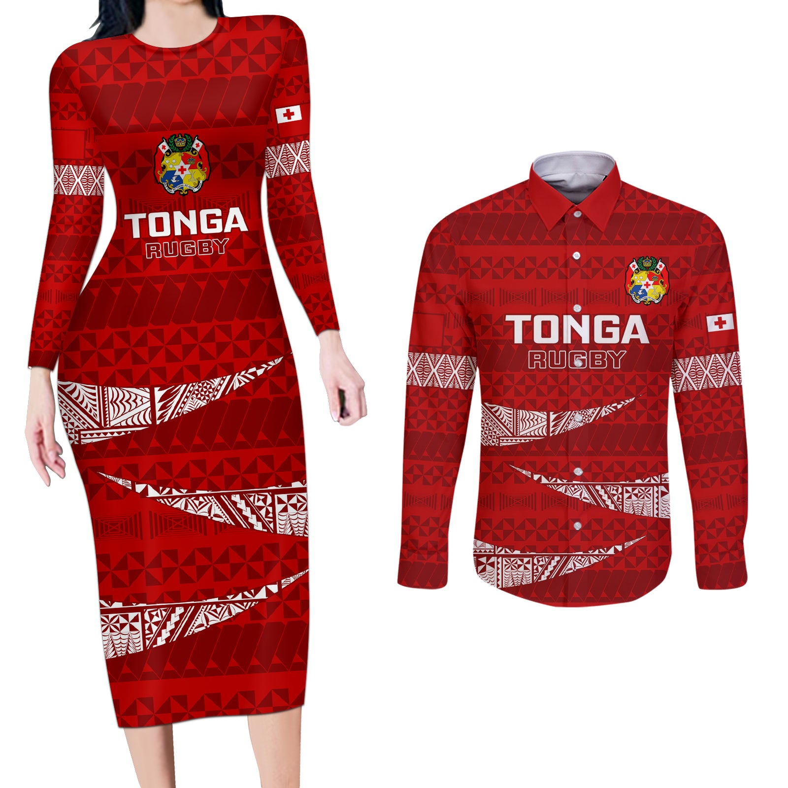 Tonga Rugby Couples Matching Long Sleeve Bodycon Dress and Long Sleeve Button Shirts 2023 Ikale Tahi Tongan Ngatu Pattern LT14 Red - Polynesian Pride