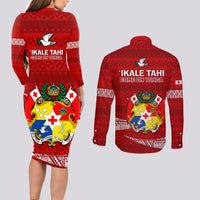 Tonga Rugby Couples Matching Long Sleeve Bodycon Dress and Long Sleeve Button Shirts 2023 Ikale Tahi Tongan Ngatu Pattern LT14 - Polynesian Pride