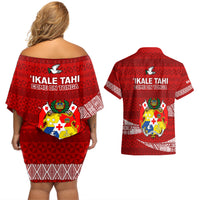 Tonga Rugby Couples Matching Off Shoulder Short Dress and Hawaiian Shirt 2023 Ikale Tahi Tongan Ngatu Pattern LT14 - Polynesian Pride