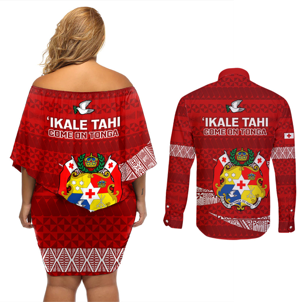 Tonga Rugby Couples Matching Off Shoulder Short Dress and Long Sleeve Button Shirts 2023 Ikale Tahi Tongan Ngatu Pattern LT14 - Polynesian Pride