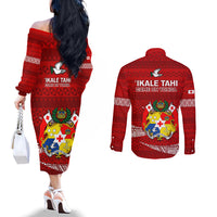 Tonga Rugby Couples Matching Off The Shoulder Long Sleeve Dress and Long Sleeve Button Shirts 2023 Ikale Tahi Tongan Ngatu Pattern LT14 - Polynesian Pride