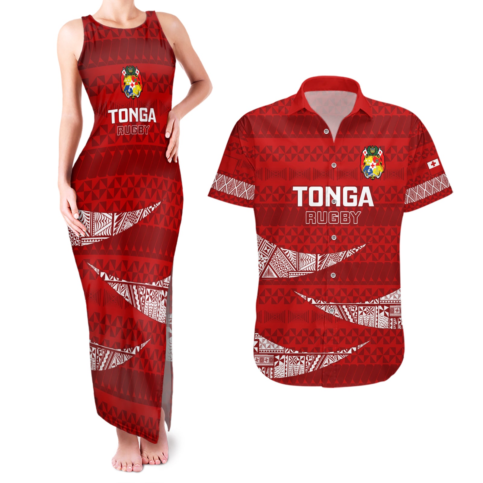 Tonga Rugby Couples Matching Tank Maxi Dress and Hawaiian Shirt 2023 Ikale Tahi Tongan Ngatu Pattern LT14 Red - Polynesian Pride