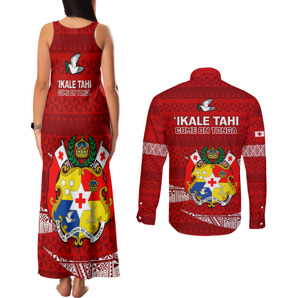 Tonga Rugby Couples Matching Tank Maxi Dress and Long Sleeve Button Shirts 2023 Ikale Tahi Tongan Ngatu Pattern LT14 - Polynesian Pride