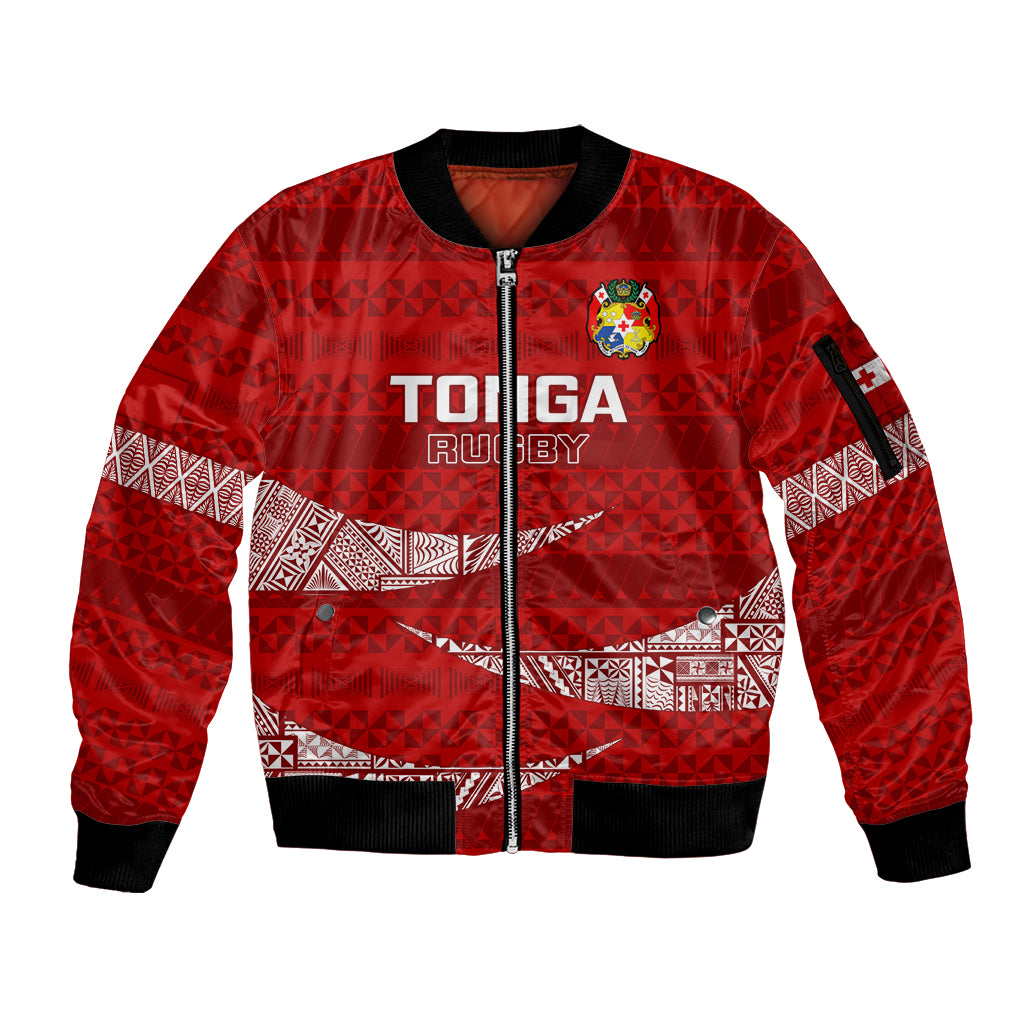 Tonga Rugby Sleeve Zip Bomber Jacket 2023 Ikale Tahi Tongan Ngatu Pattern LT14 Unisex Red - Polynesian Pride