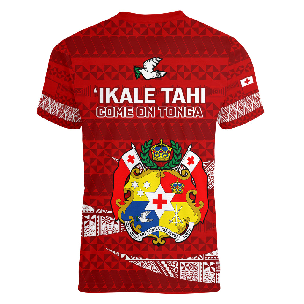Tonga Rugby Women V Neck T Shirt 2023 Ikale Tahi Tongan Ngatu Pattern LT14 - Polynesian Pride