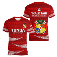 Tonga Rugby Women V Neck T Shirt 2023 Ikale Tahi Tongan Ngatu Pattern LT14 - Polynesian Pride