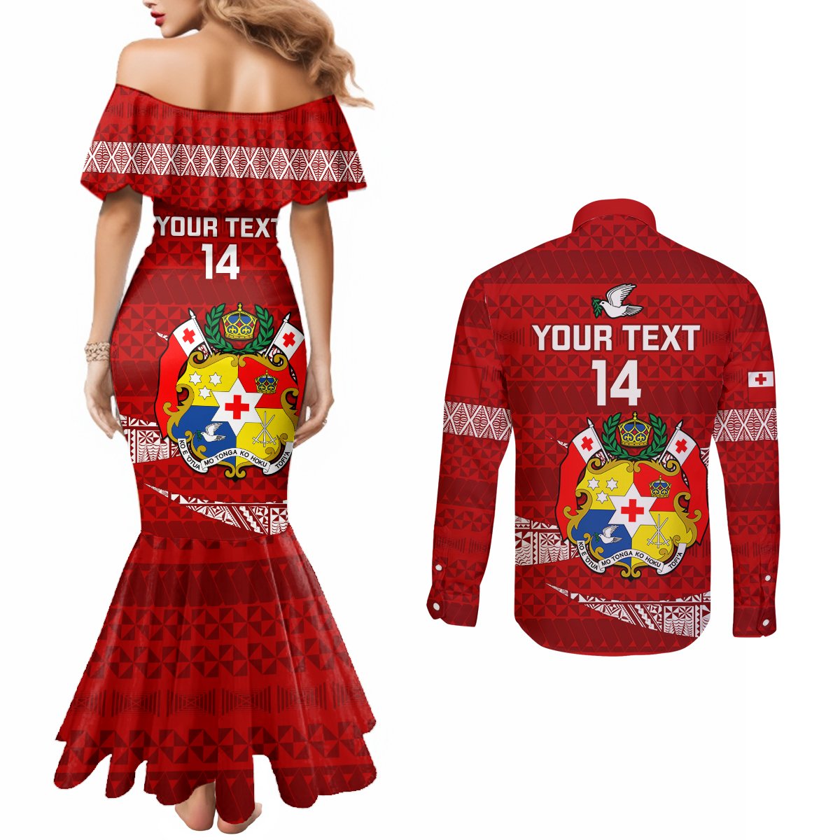 Custom Tonga Rugby Couples Matching Mermaid Dress and Long Sleeve Button Shirts 2023 Ikale Tahi Tongan Ngatu Pattern LT14 - Polynesian Pride