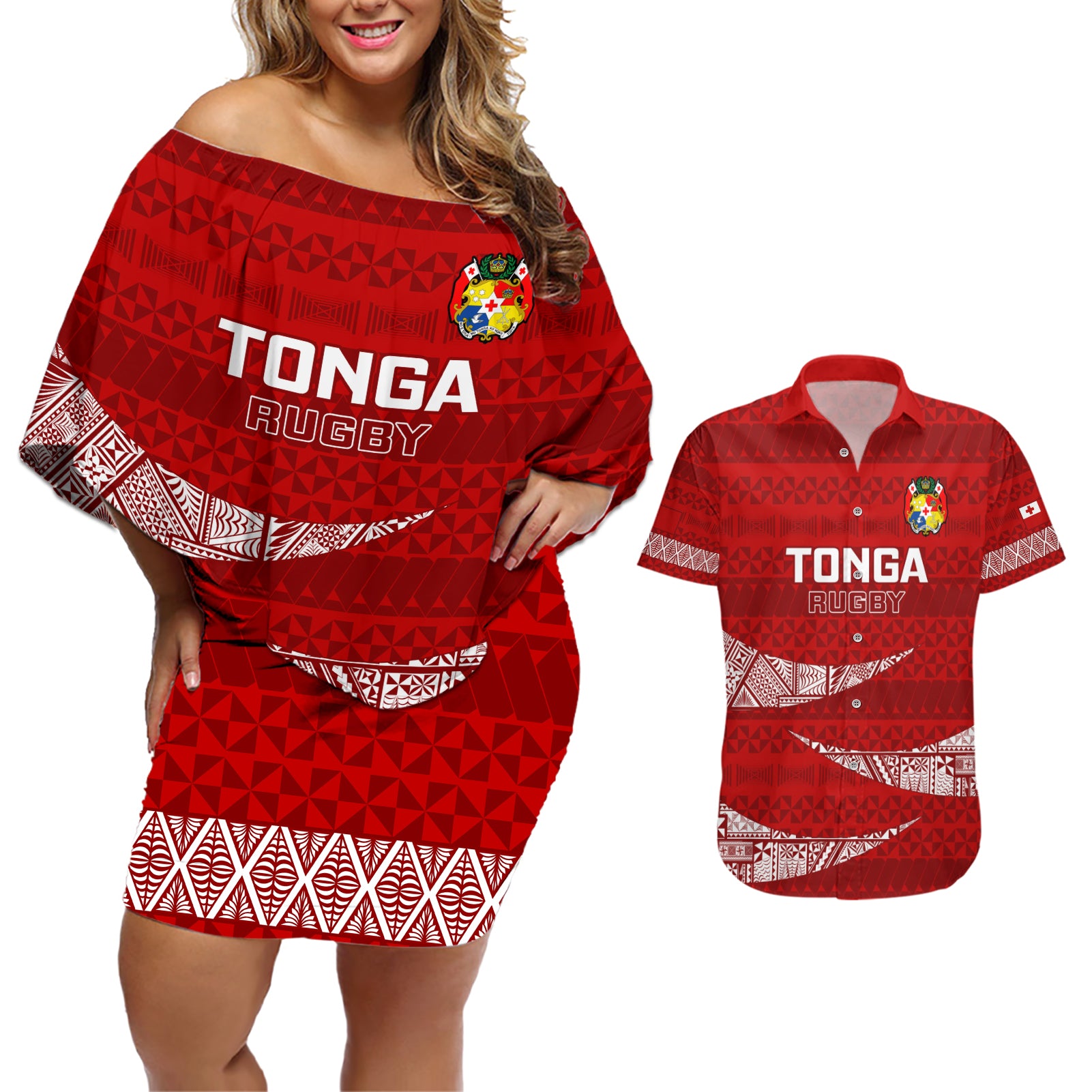 Custom Tonga Rugby Couples Matching Off Shoulder Short Dress and Hawaiian Shirt 2023 Ikale Tahi Tongan Ngatu Pattern LT14 Red - Polynesian Pride