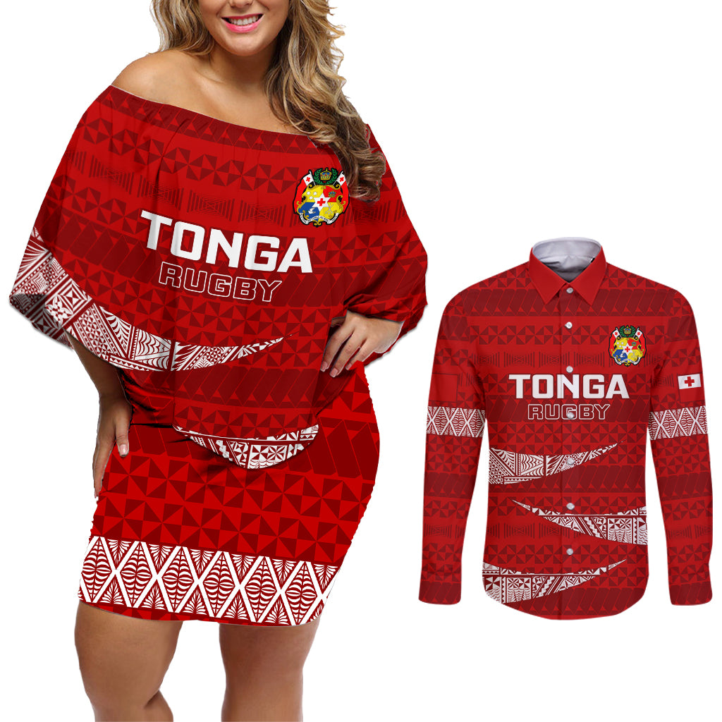 Custom Tonga Rugby Couples Matching Off Shoulder Short Dress and Long Sleeve Button Shirts 2023 Ikale Tahi Tongan Ngatu Pattern LT14 Red - Polynesian Pride