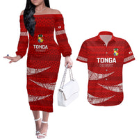 Custom Tonga Rugby Couples Matching Off The Shoulder Long Sleeve Dress and Hawaiian Shirt 2023 Ikale Tahi Tongan Ngatu Pattern LT14 Red - Polynesian Pride