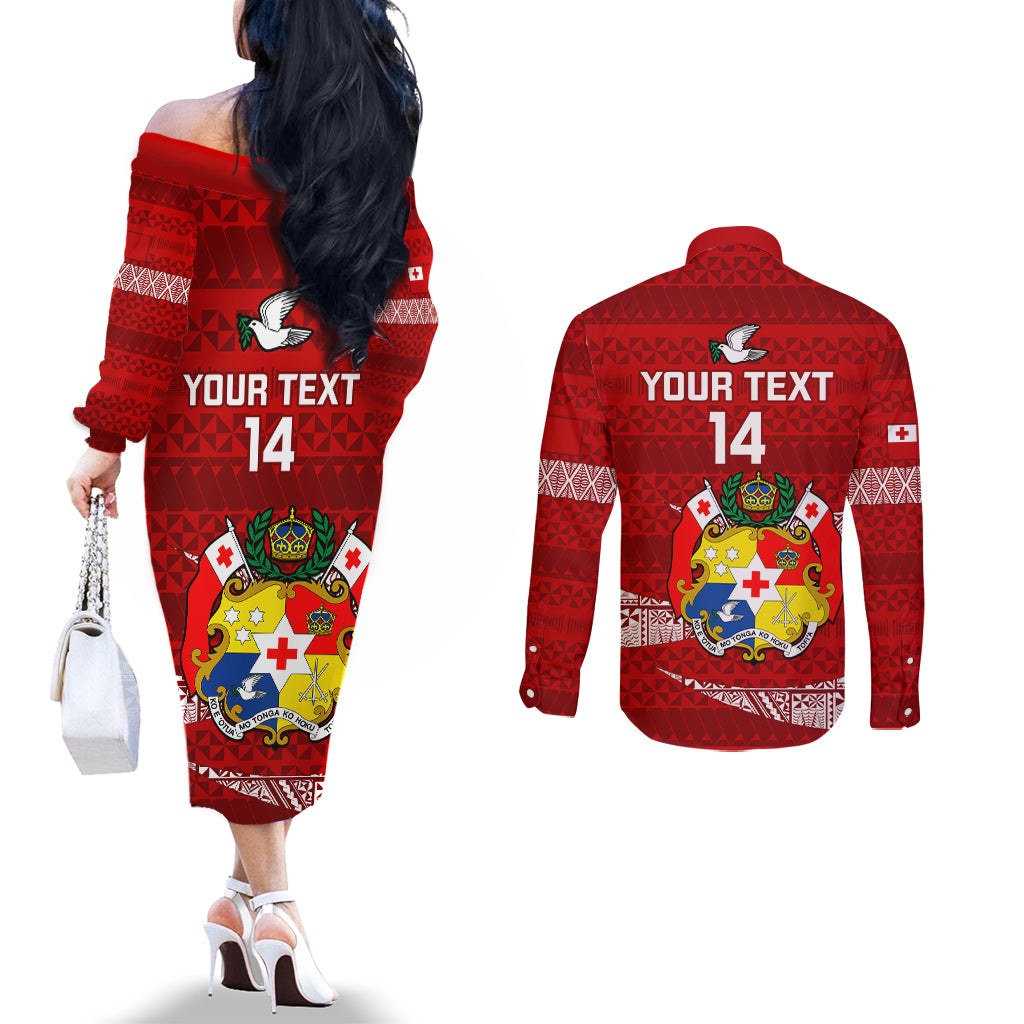 Custom Tonga Rugby Couples Matching Off The Shoulder Long Sleeve Dress and Long Sleeve Button Shirts 2023 Ikale Tahi Tongan Ngatu Pattern LT14 - Polynesian Pride