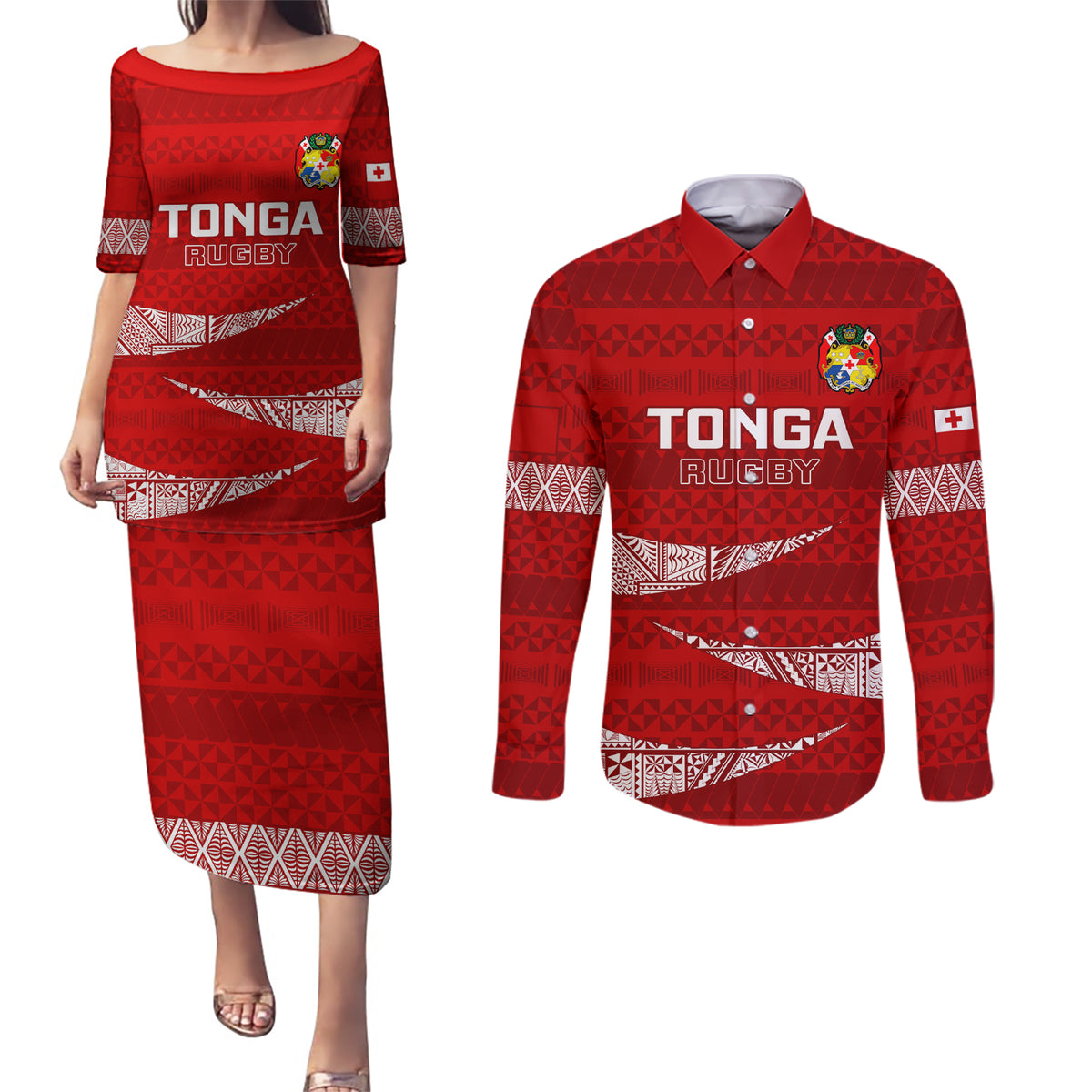 Custom Tonga Rugby Couples Matching Puletasi Dress and Long Sleeve Button Shirts 2023 Ikale Tahi Tongan Ngatu Pattern LT14 Red - Polynesian Pride