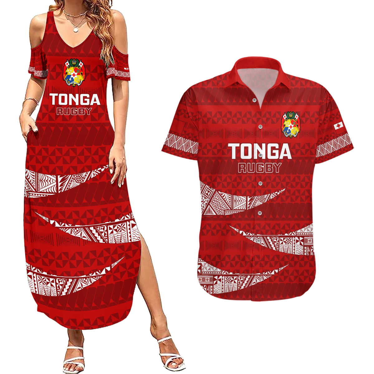 Custom Tonga Rugby Couples Matching Summer Maxi Dress and Hawaiian Shirt 2023 Ikale Tahi Tongan Ngatu Pattern LT14 Red - Polynesian Pride