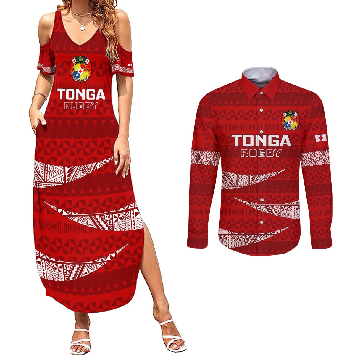 Custom Tonga Rugby Couples Matching Summer Maxi Dress and Long Sleeve Button Shirts 2023 Ikale Tahi Tongan Ngatu Pattern LT14 Red - Polynesian Pride