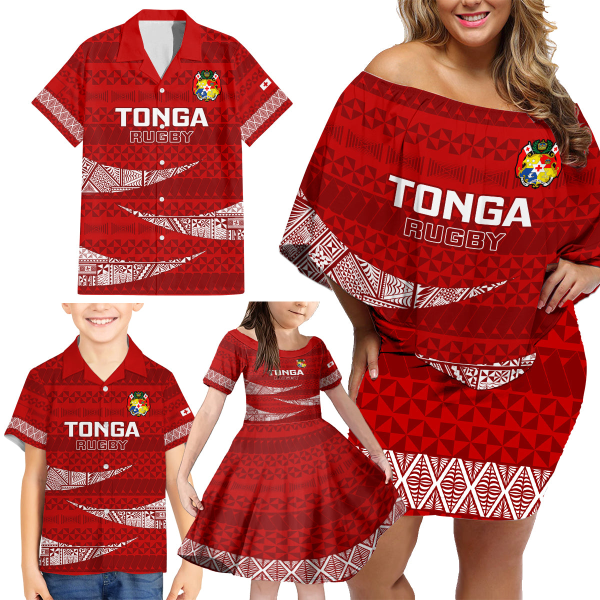 Custom Tonga Rugby Family Matching Off Shoulder Short Dress and Hawaiian Shirt 2023 Ikale Tahi Tongan Ngatu Pattern LT14 - Polynesian Pride