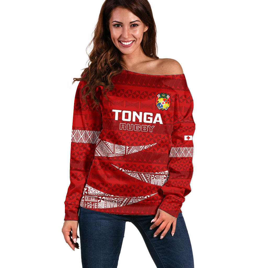 Custom Tonga Rugby Off Shoulder Sweater 2023 Ikale Tahi Tongan Ngatu Pattern LT14 Women Red - Polynesian Pride