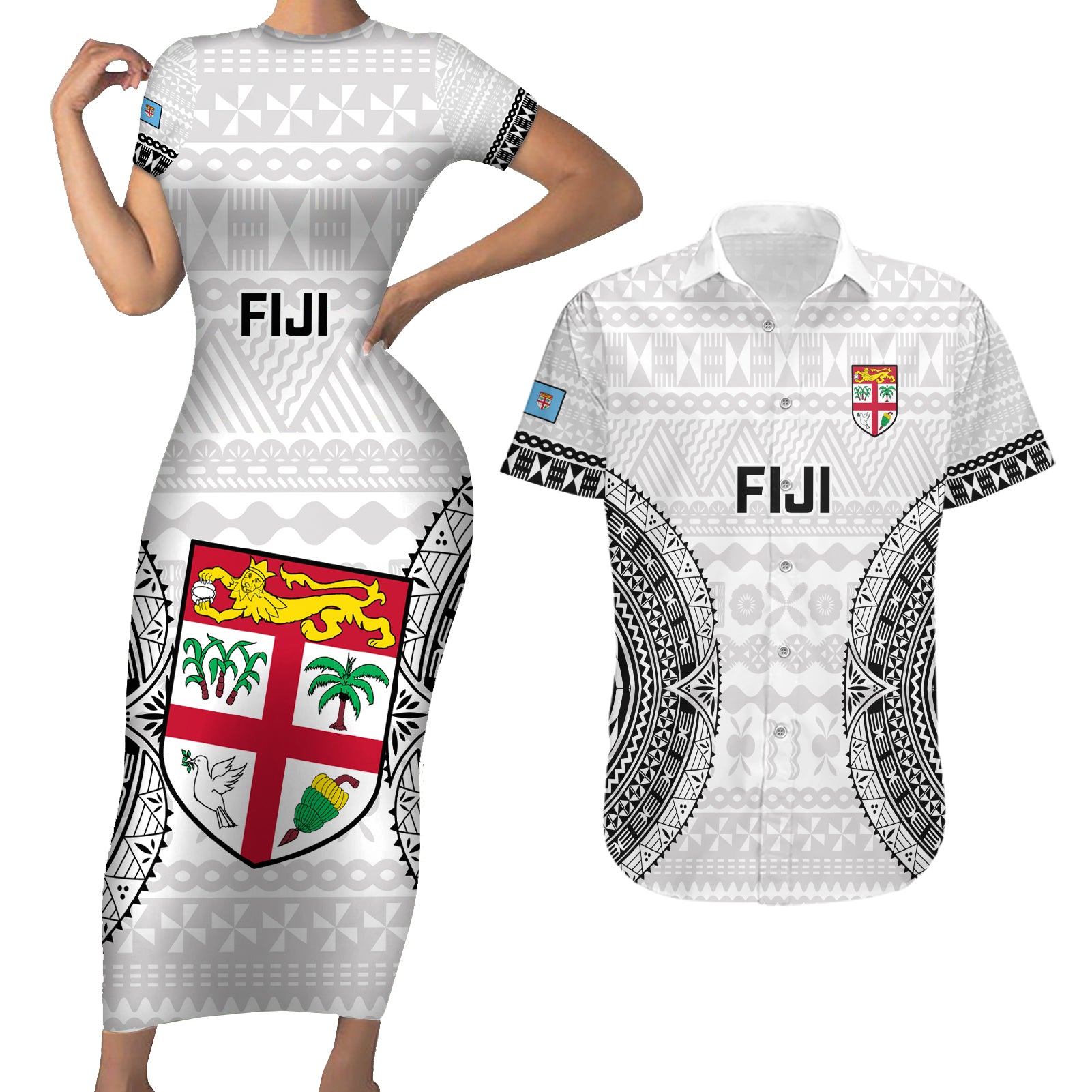 Fiji Rugby Couples Matching Short Sleeve Bodycon Dress and Hawaiian Shirt 2023 Go Champions World Cup Fijian Tapa Pattern LT14 White - Polynesian Pride