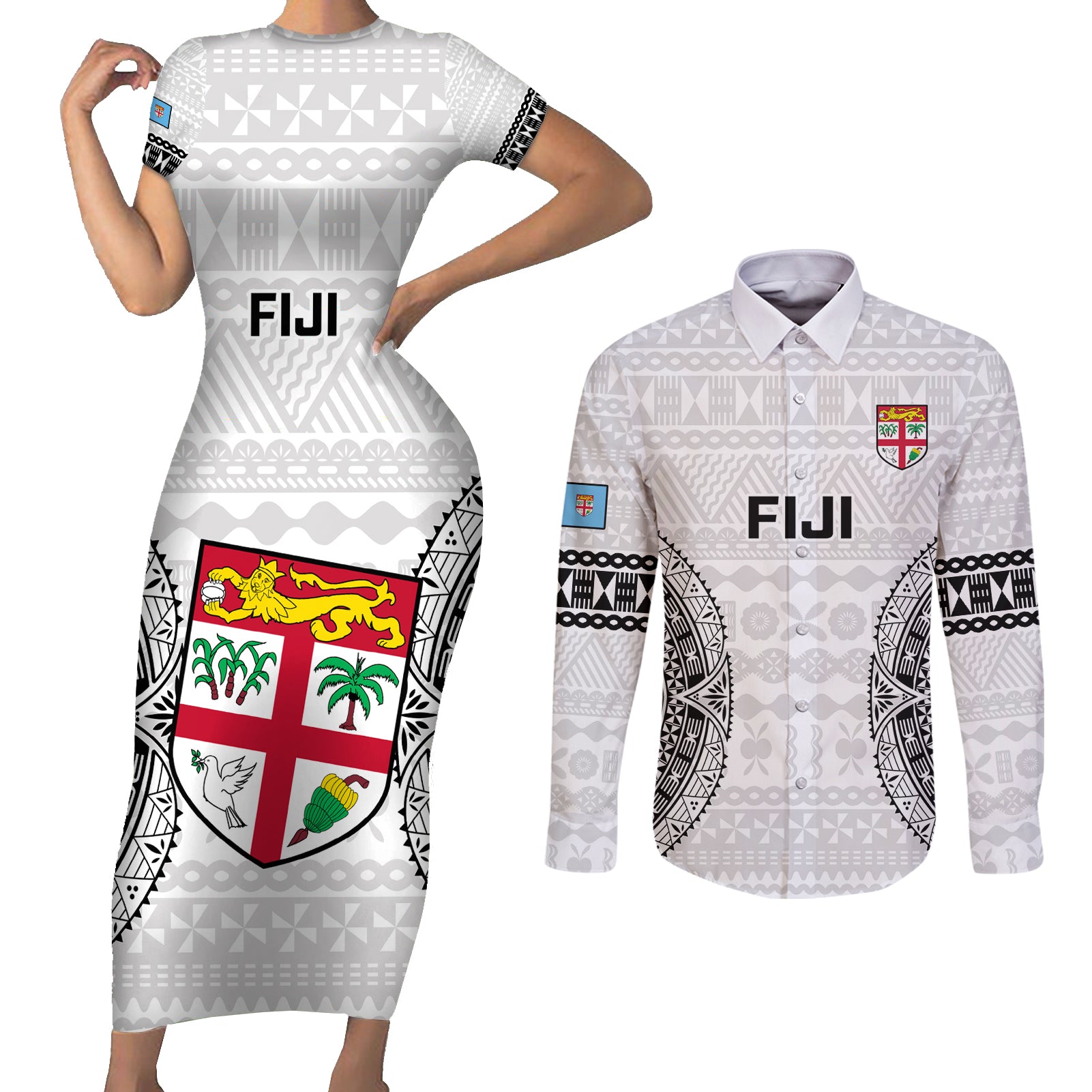 Fiji Rugby Couples Matching Short Sleeve Bodycon Dress and Long Sleeve Button Shirts 2023 Go Champions World Cup Fijian Tapa Pattern LT14 White - Polynesian Pride