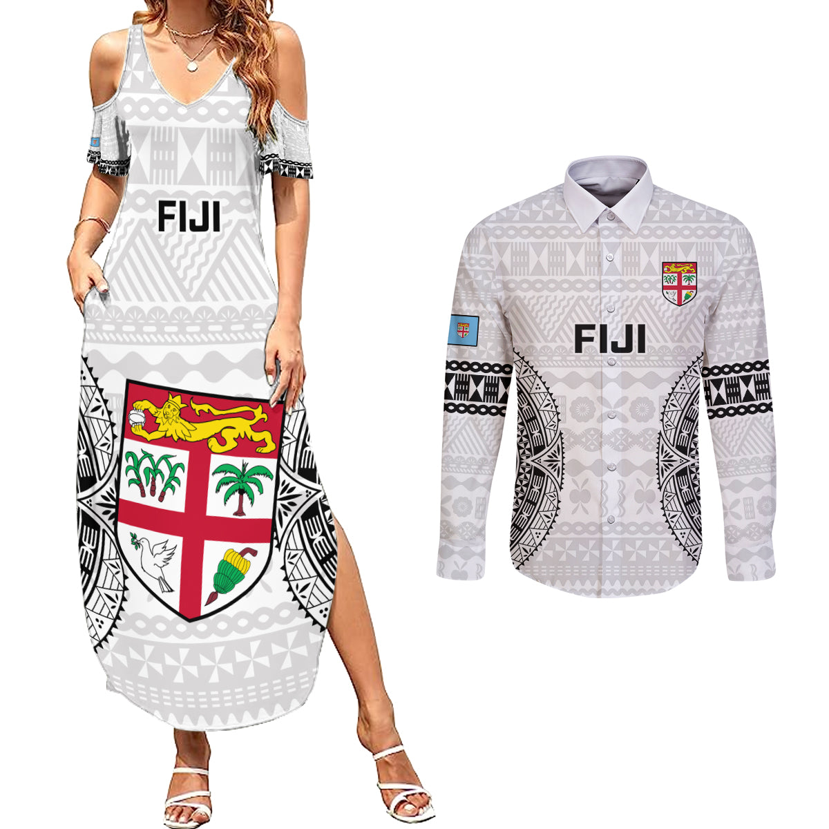 Fiji Rugby Couples Matching Summer Maxi Dress and Long Sleeve Button Shirts 2023 Go Champions World Cup Fijian Tapa Pattern LT14 White - Polynesian Pride