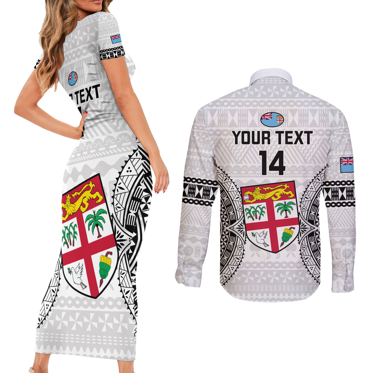 Custom Fiji Rugby Couples Matching Short Sleeve Bodycon Dress and Long Sleeve Button Shirts 2023 Go Champions World Cup Fijian Tapa Pattern LT14 - Polynesian Pride