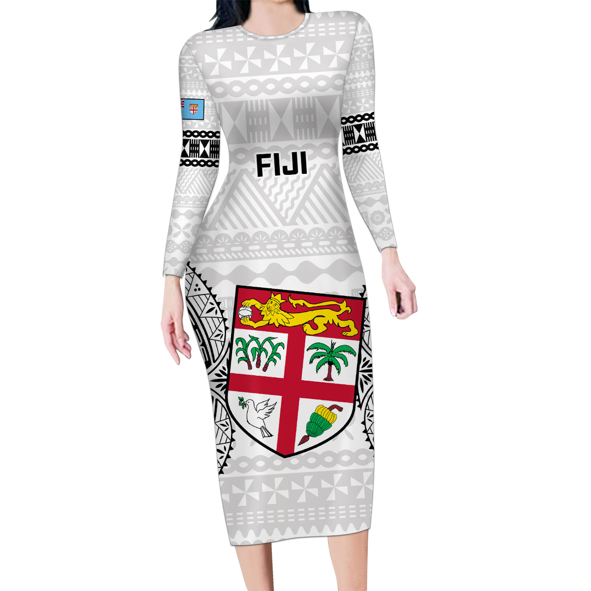 Custom Fiji Rugby Family Matching Long Sleeve Bodycon Dress and Hawaiian Shirt 2023 Go Champions World Cup Fijian Tapa Pattern LT14 Mom's Dress White - Polynesian Pride
