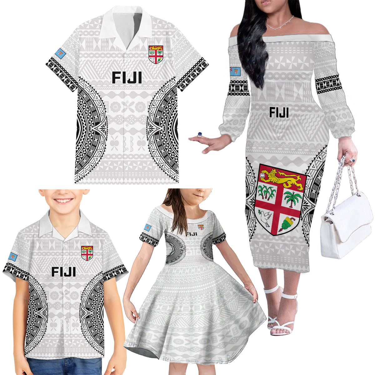 Custom Fiji Rugby Family Matching Off Shoulder Long Sleeve Dress and Hawaiian Shirt 2023 Go Champions World Cup Fijian Tapa Pattern LT14 - Polynesian Pride