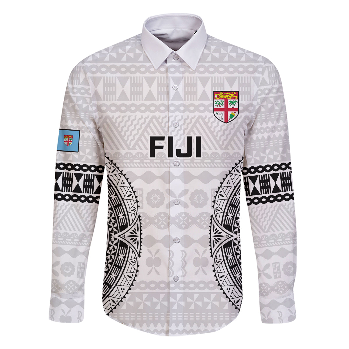 Custom Fiji Rugby Family Matching Off Shoulder Long Sleeve Dress and Hawaiian Shirt 2023 Go Champions World Cup Fijian Tapa Pattern LT14 Dad's Shirt - Long Sleeve White - Polynesian Pride