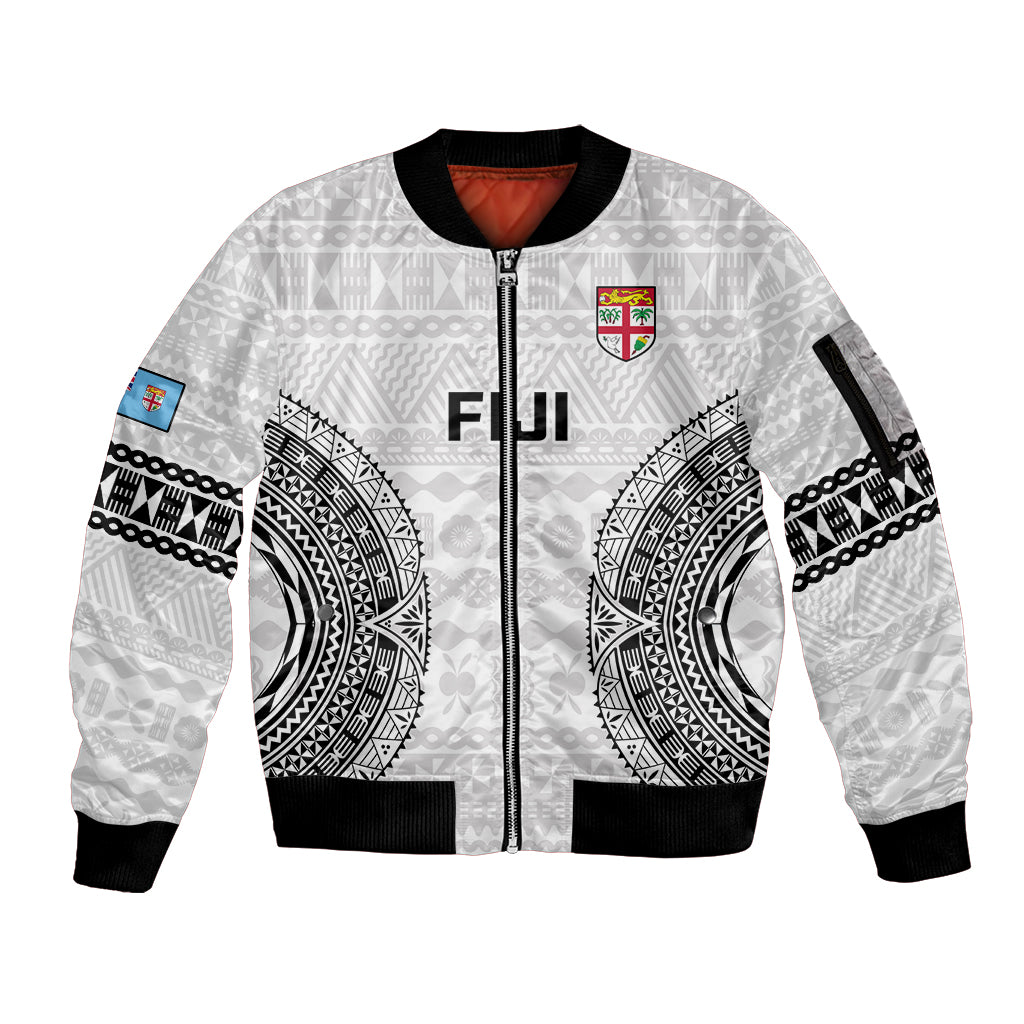 Custom Fiji Rugby Sleeve Zip Bomber Jacket 2023 Go Champions World Cup Fijian Tapa Pattern LT14 Unisex White - Polynesian Pride