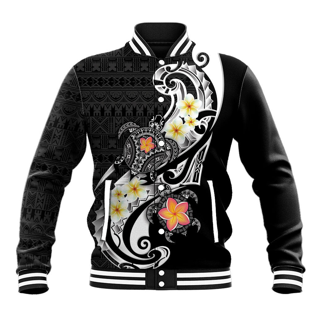 Bula Fiji Tapa Turtle Baseball Jacket Plumeria Fijian Masi Vonu Black
